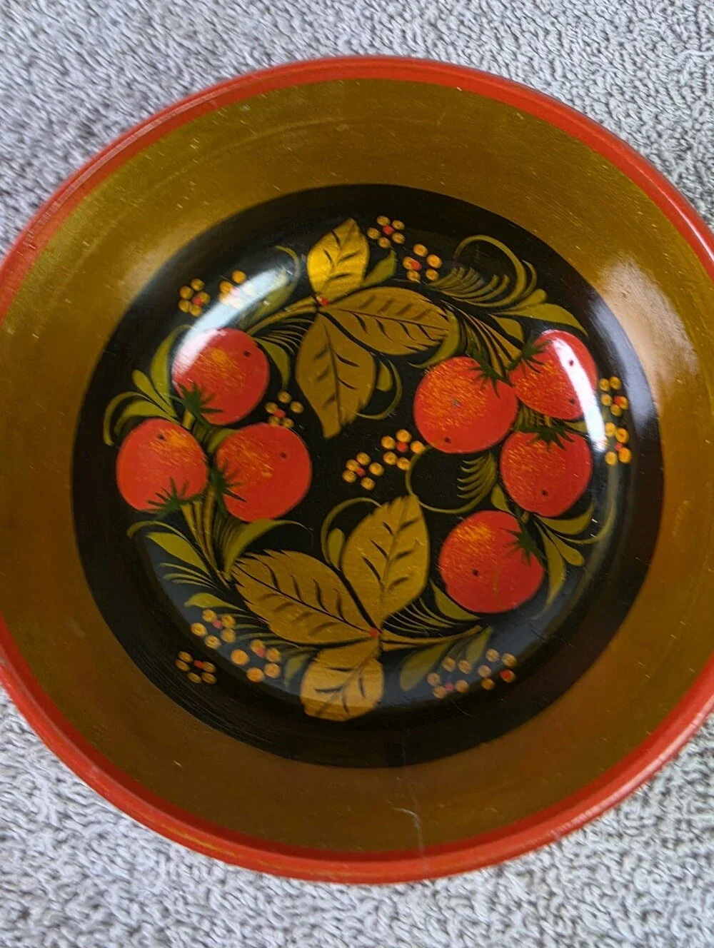 Vintage Russian Khokhloma Hand - Painted Lacquered Wood Bowl